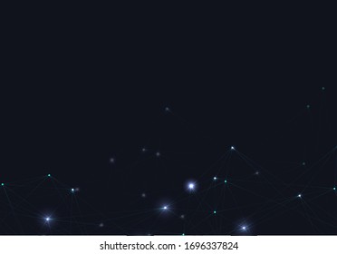 Abstract vector glowing bright molecules with dots and lines on blue background