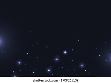 Abstract vector glowing bright molecules with dots and lines on blue background