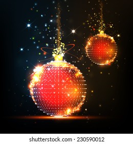 Abstract vector glowing Christmas ball with colorful particles. Festive Christmas background. Elegant background for greeting cards and invitations. EPS 10