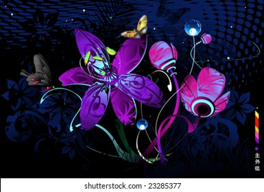 Abstract vector glowing deep summer night flower elements with butterflies and neon strings