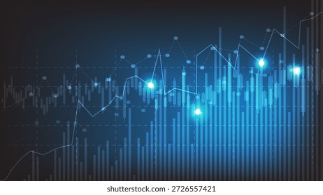 Gráfico financiero brillante de Vector Abstractas con barra y gráfico de líneas sobre fondo azul oscuro, ideal para los conceptos de negocio, mercado de valores, fintech y análisis de datos.