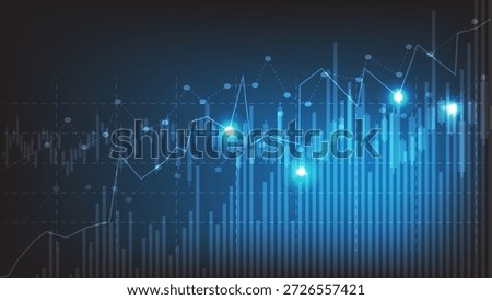 Abstract vector glowing financial graph with bar and line chart on dark blue background, ideal for business, stock market, fintech, and data analysis concepts.