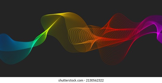 Abstract vector glowing line art wave design. Futuristic color flow on dark background. Dynamic line- art with vibrant color.