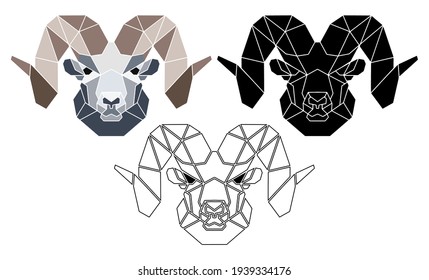 Abstract vector goat portrait in colour, black and outline variations. Totemic wild animals