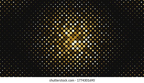 Abstract vector gold color halftone small hexagon shapes with dynamic pattern on black background.