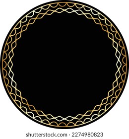 Abstract vector golden disk with lights and glittering elements on black background.
