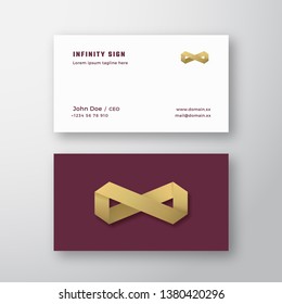 Abstract Vector Golden Infinity Sign or Logo and Business Card Template. Premium Stationary Realistic Mock Up. Isolated.