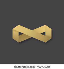 Abstract Vector Golden Infinity Sign, Symbol or Logo Template with Realistic Soft Shadows. On Dark Background.