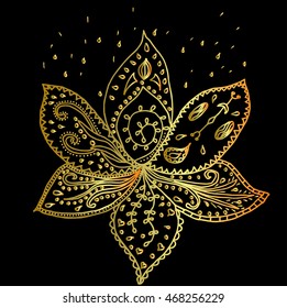 Abstract vector golden lotus silhouette on black background