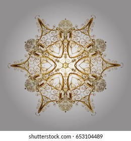 Abstract vector golden snowflakes on white background. Hand drawn design with abstract winter doodles. Merry Christmas and Happy New Year lettering quote.