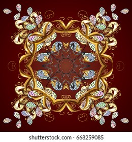 Abstract vector golden snowflakes on brown background. Hand drawn design with abstract winter doodles. Merry Christmas and Happy New Year lettering quote.