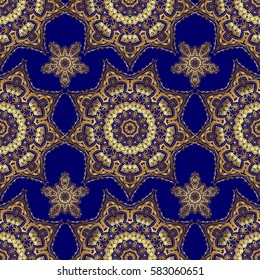 Abstract vector golden texture. Low poly gold pattern illustration. Golden vintage seamless pattern on a blue background.
