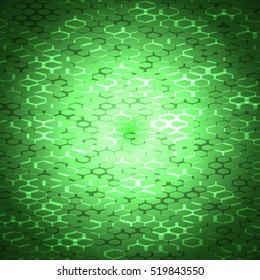 Abstract vector gradient green background with different size hexagon shapes and glow.