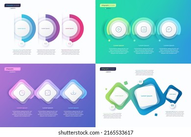 Abstract vector gradient minimalistic infographic templates composed of 3 shapes.