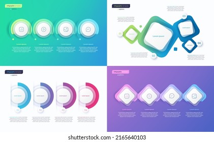 Abstract vector gradient minimalistic infographic templates composed of 4 shapes.