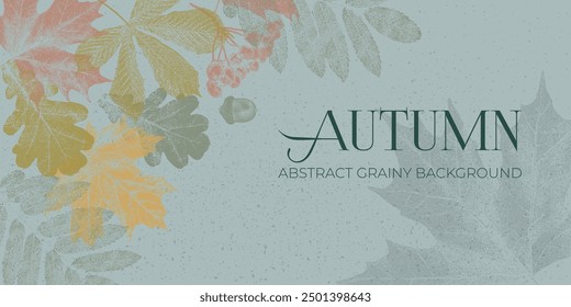 Fondo granulado de Vector Abstractas con hojas de otoño. Anuncio de otoño con efecto fotocopia. Marco de hojas, Plantilla para cartel, portada, publicidad, Sitio web, redes sociales.