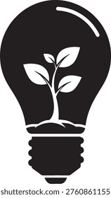 Abstract vector graphic depicting a seedling emerging from soil within a filament-free bulb. Ideal for illustrating concepts of creativity sustainable development or conceptual breakthroughs in business.