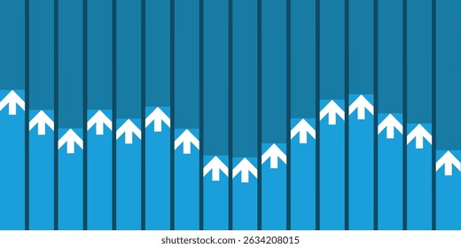 An abstract vector graphic depicting upward trends with a series of blue, vertical bars of varying heights, symbolizing growth, data, or market progression.