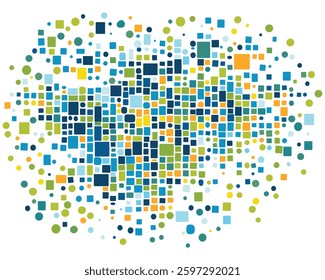 Abstract vector graphic design featuring square shapes in blue, green, and orange dots on a white background
