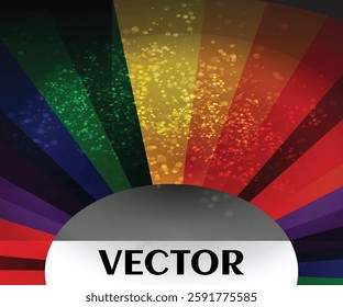 abstract vector graphic features a vibrant spectrum of colors radiating outward from a central point, including shades of green, yellow, red, and purple.