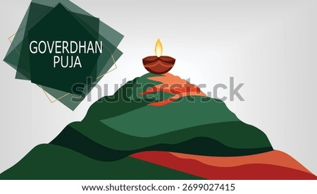 Abstract vector graphic for Govardhan Puja Features a stylized Govardhan Hill topped with a traditional burning diya lamp symbolizing devotion and Lord Krishnas protection