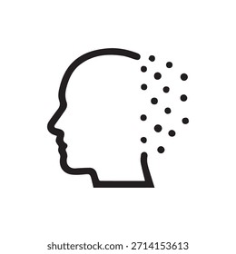 Abstract vector graphic illustrating the concept of memory loss or cognitive impairment through a human head dissolving into multiple dots.
