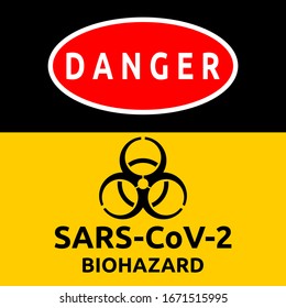 Ilustración gráfica del vector abstracto del símbolo de riesgo biológico con texto: "SARS-CoV-2" para Coronavirus.
