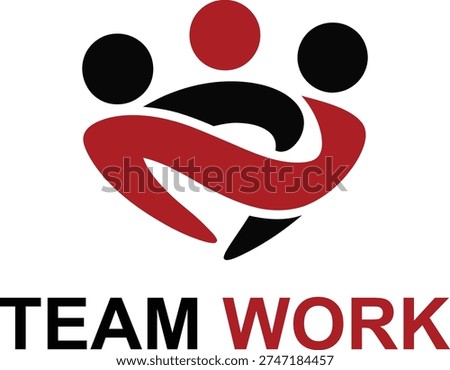 Abstract vector graphic illustration displays three interconnected figures in red and black shapes representing strong communal bonds partnership and unified corporate teamwork.