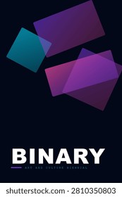 Abstract vector graphic illustration featuring overlapping translucent purple and blue rectangular shapes floating against a dark textured background for a modern art and culture biennial event poster design project template