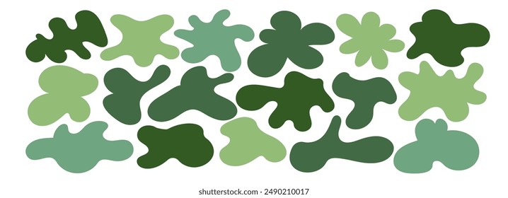 Gráfico de Vector Abstractas de mancha verde irregular y asimétrica. Forma orgánica se asemeja a un árbol o arbusto. Un punto similar al líquido y salpicaduras de líquido crean una vista desigual y única, como un ecopaisaje que se derrite