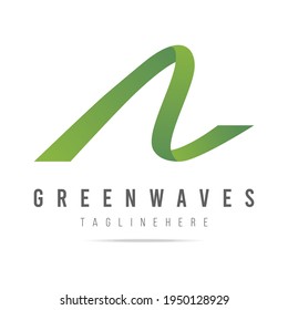 Resumen logotipo gráfico vectorial líneas de ondas verdes señalización cinta curvada,ecobiotecnología moderna icono de negocios,gestión aislada de símbolos de naturaleza, desarrollo de logotipo marca de producto
