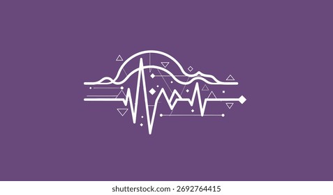 An abstract vector graphic showing a digital signal analysis with a central heartbeat pulse line and overlapping smooth waveforms creating a modern scientific concept.