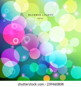 Abstract vector green background. Multicolored blurred Lights with bokeh effect. Picture looks like soap bubbles.