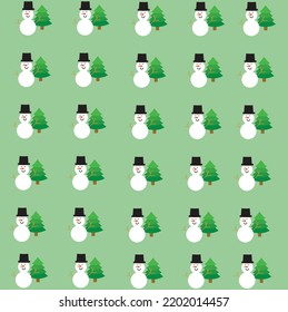 Abstrakter, vektorgrüner Weihnachtsbaum und Schneemann auf hellgrünem Hintergrund.