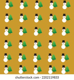 Resumen vectorial árbol de Navidad verde y muñeco de nieve dispuestas sobre un fondo marrón.