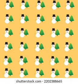 Abstract vector green Christmas tree and snowman arranged on a yellow background.