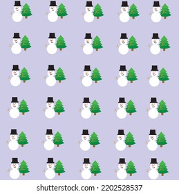 Abstract vector green Christmas tree and snowman arranged on a blue background.
