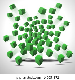 Abstract vector green cubes in motion on white background.