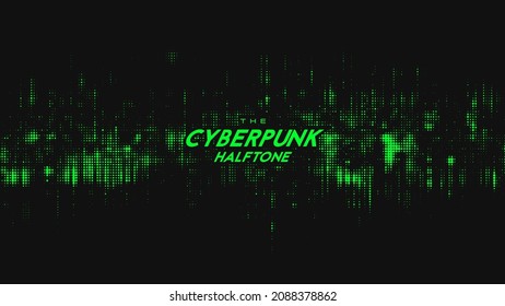 Abstract vector green cyberpunk halftone sound wave. Scrathed dotted texture element.