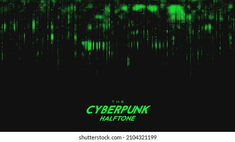 Abstract vector green cyberpunk halftone sound wave. Scrathed dotted texture element.