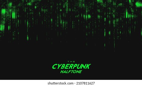 Abstract vector green cyberpunk halftone sound wave. Scrathed dotted texture element.