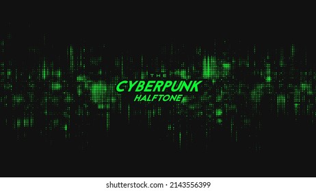Abstract vector green cyberpunk halftone sound wave. Scrathed dotted texture element.