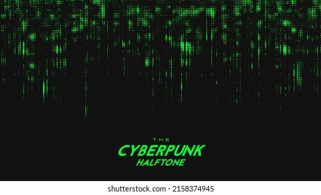 Abstract vector green cyberpunk halftone sound wave. Scrathed dotted texture element.