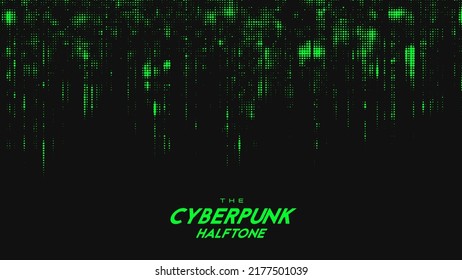Abstract vector green cyberpunk halftone sound wave. Scrathed dotted texture element.