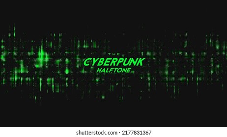 Abstract vector green cyberpunk halftone sound wave. Scrathed dotted texture element.