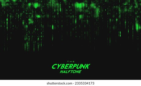 Abstract vector green cyberpunk halftone sound wave. Scratched dotted texture element.
