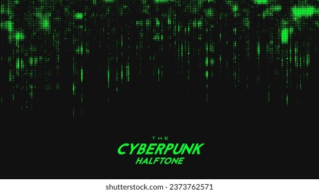 Abstract vector green cyberpunk halftone sound wave. Scrathed dotted texture element.