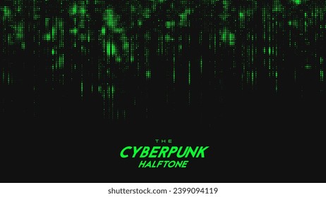 Abstract vector green cyberpunk halftone sound wave. Scrathed dotted texture element.