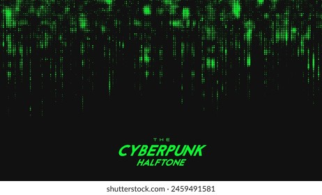 Abstract vector green cyberpunk halftone sound wave. Scrathed dotted texture element.