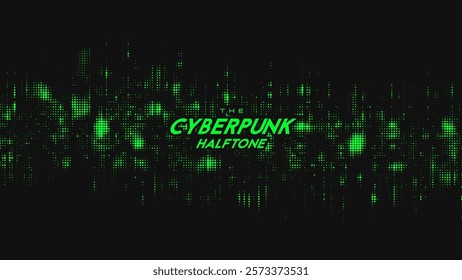 Abstract vector green cyberpunk halftone sound wave. Scrathed dotted texture element.